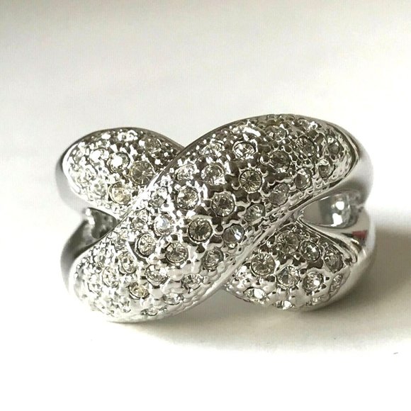 Vintage Silver Criss Cross Cocktail Ring Swarovski Crystal Size 9 Camilla Lucia - Picture 7 of 12
